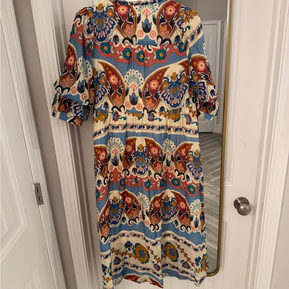 Umgee Orange and Blue Puff Sleeve Midi Sundress